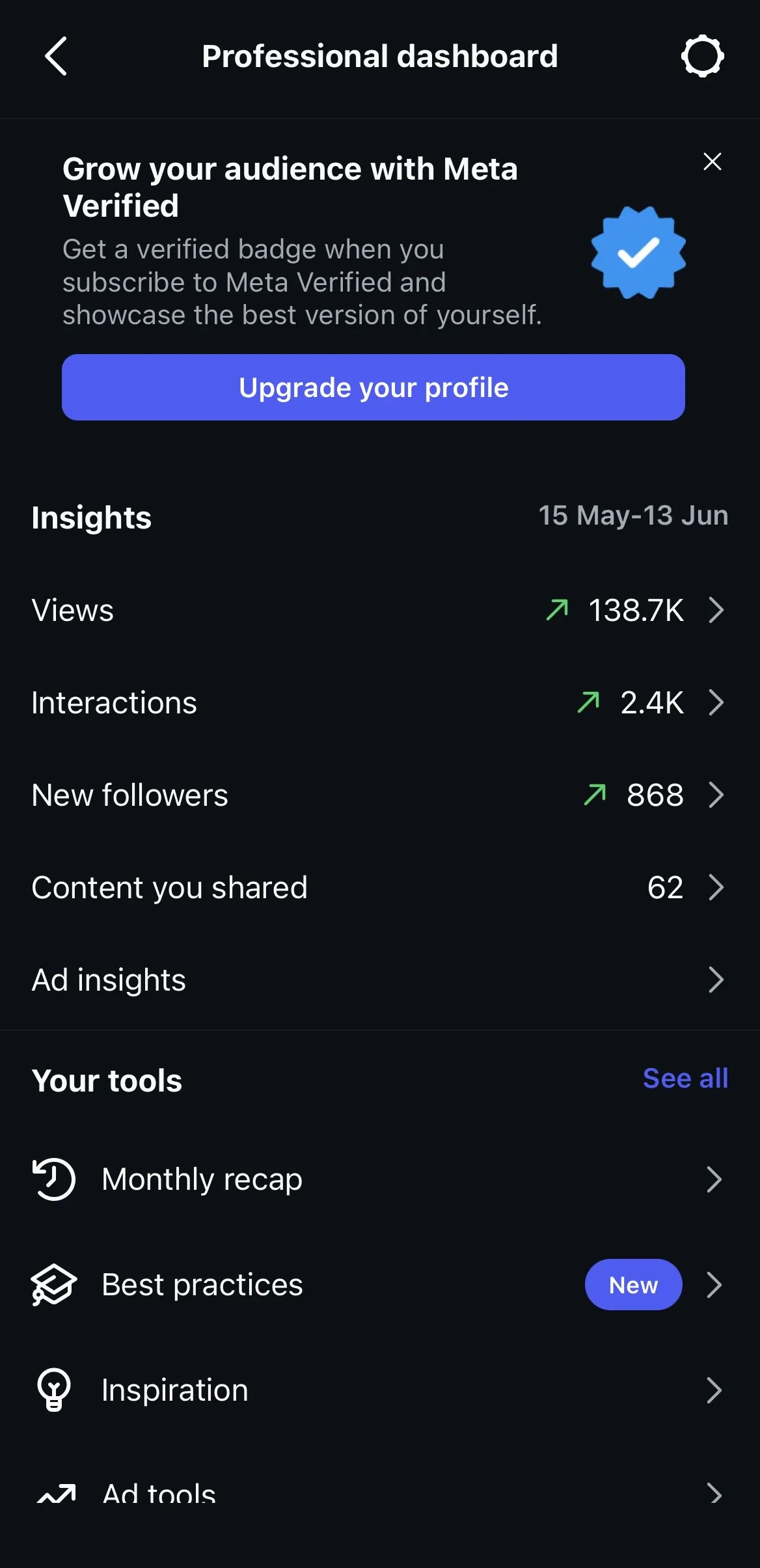 Instagram professional dashboard: 138.7K views, 2.4K interactions, 868 new followers