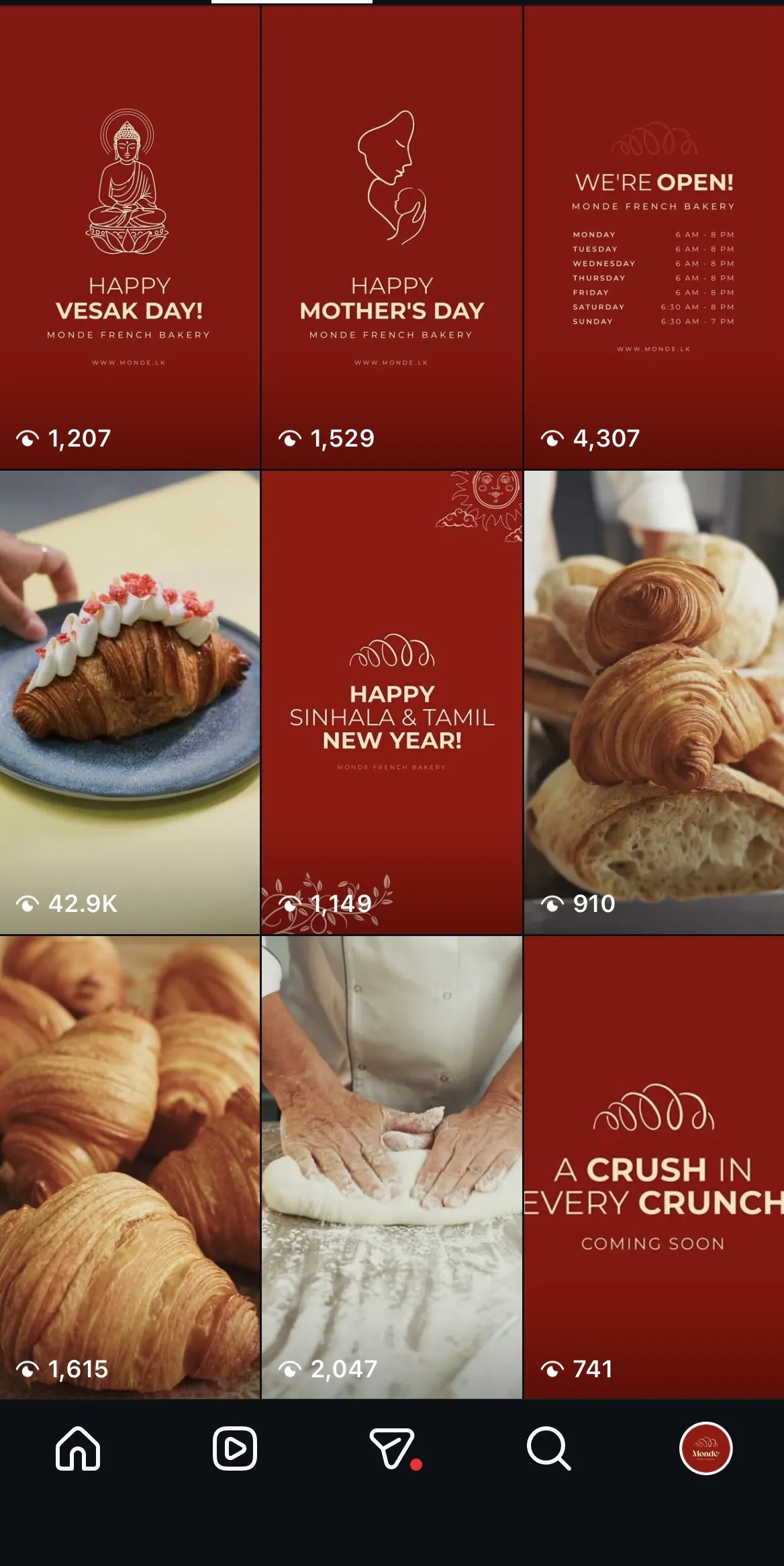 Monde Instagram grid with per-post view counts up to 42.9K