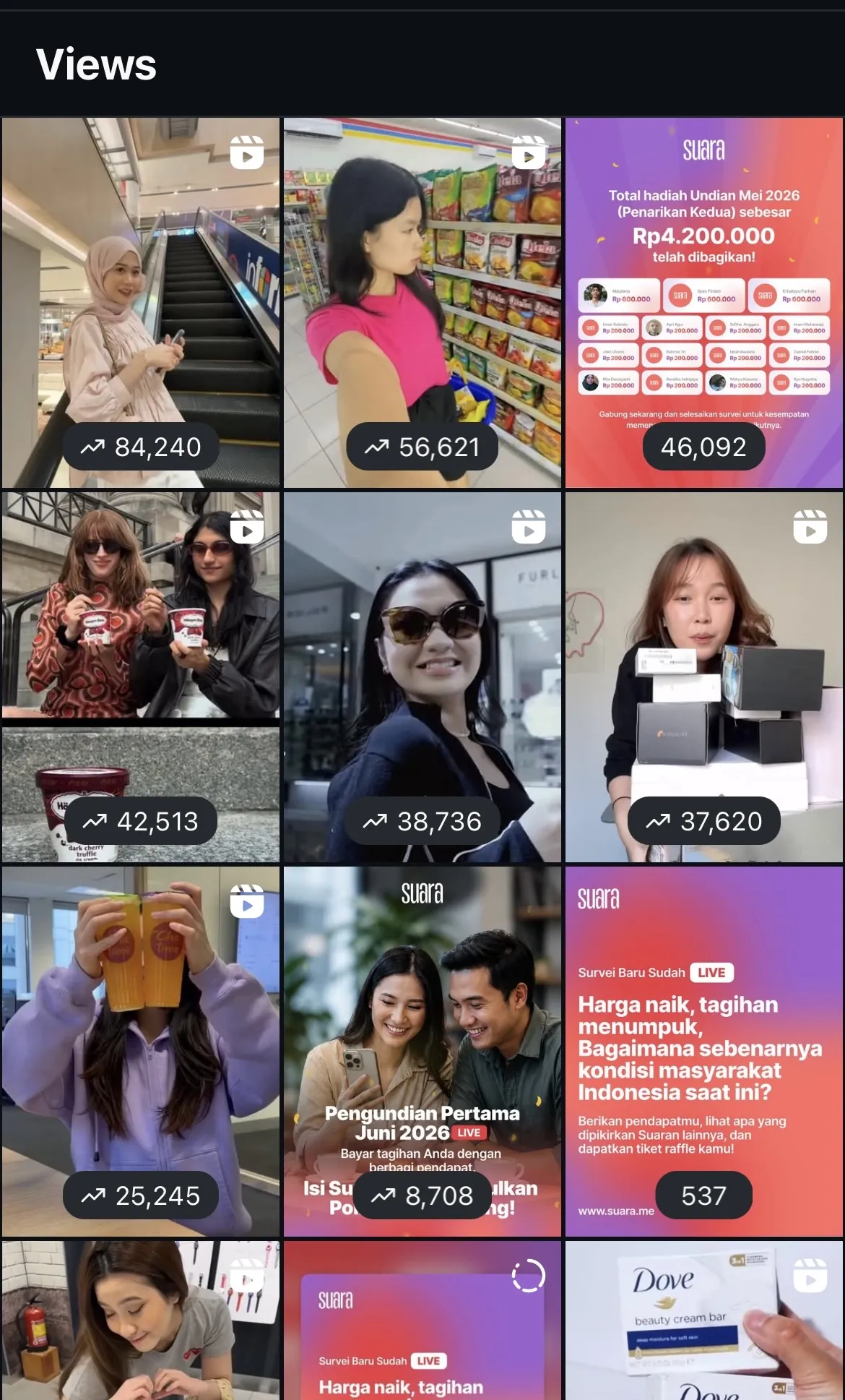 Suara reels ranked by views, from 84,240 down to 537