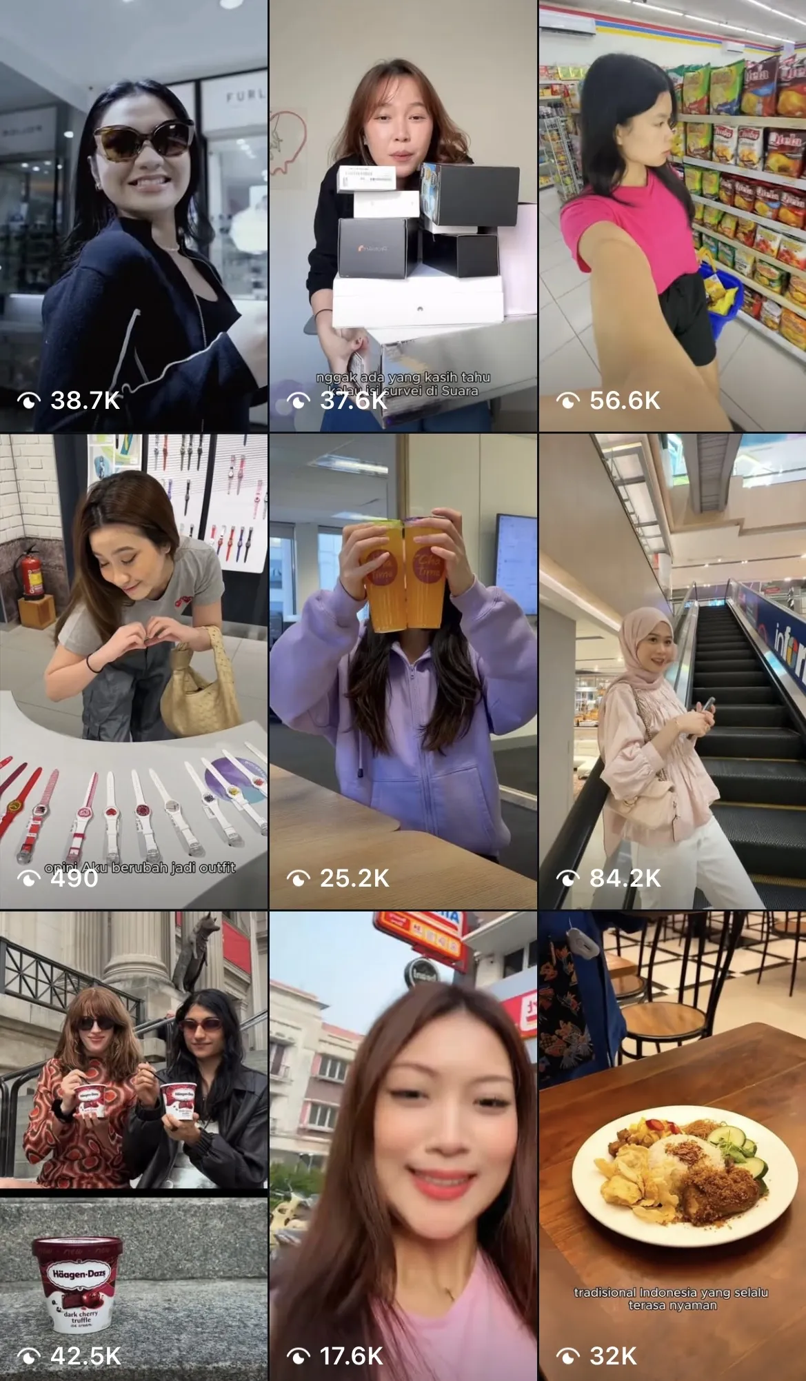 Suara Instagram grid of reels between 490 and 84.2K views