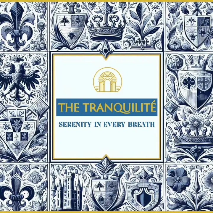 The Tranquilité wordmark framed by a blue and white heraldic tile pattern