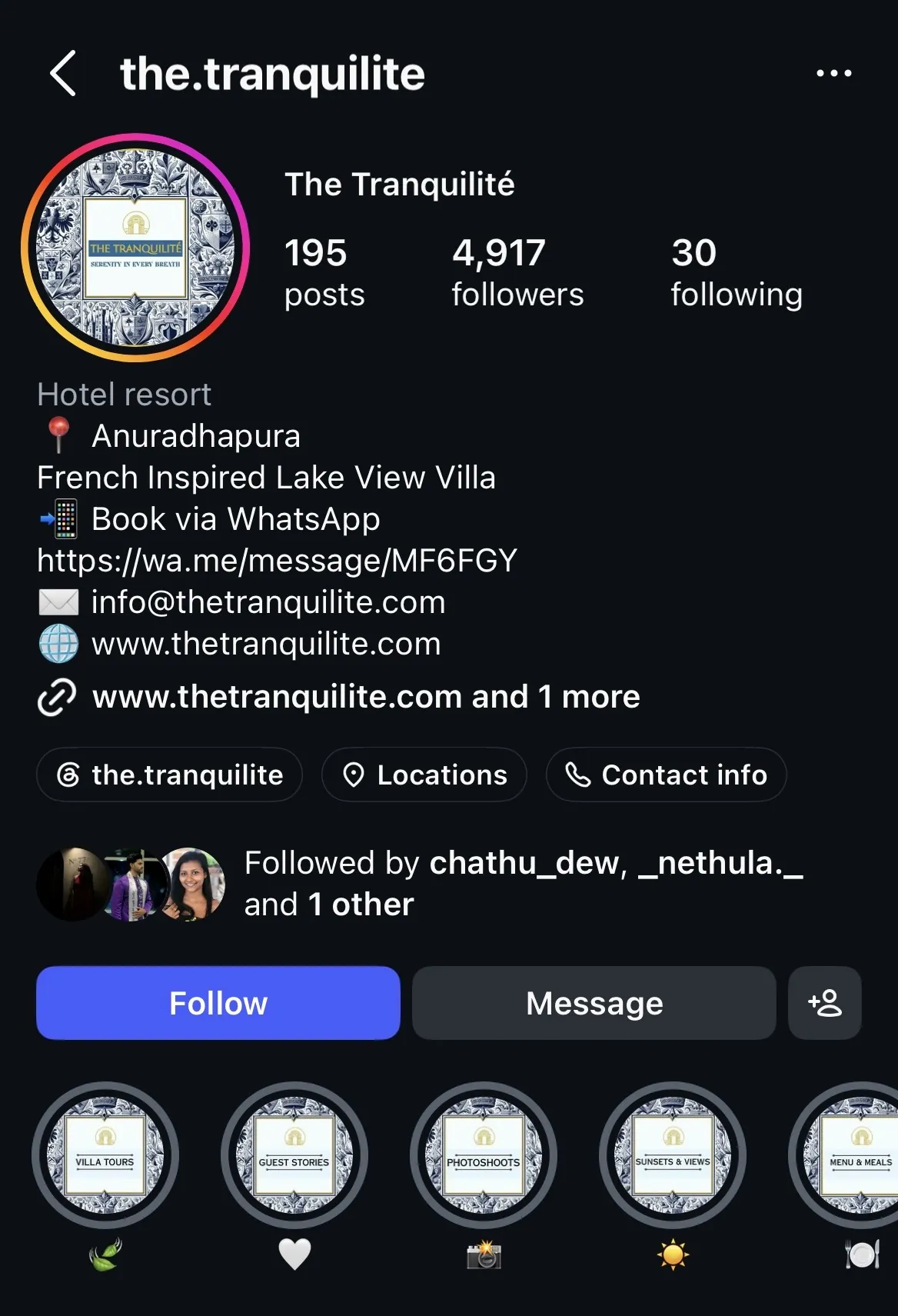 The Tranquilité Instagram profile: 195 posts, 4,917 followers, booking via WhatsApp